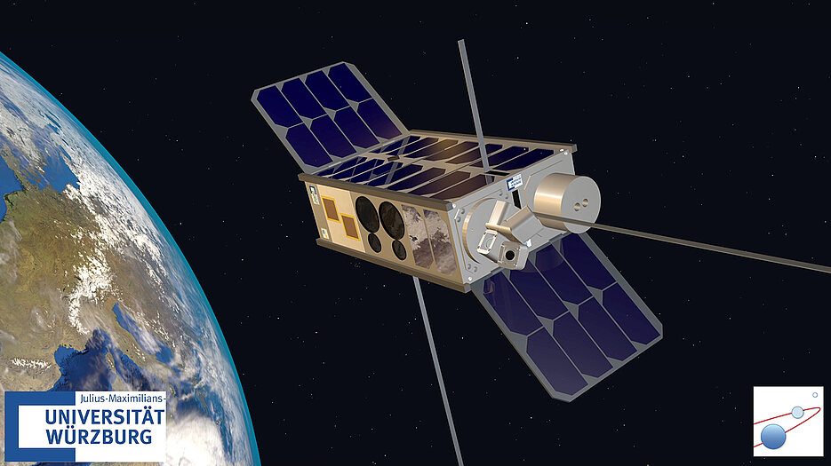 A model of the nanosatellite SONATE-2, shown here artistically in orbit. 