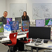 Impression von der Expo, bei der Studierende der Studiengänge Mensch-Computer-Systeme und Human Computer Interaction die Ergebnisse ihrer Abschlussarbeiten präsentieren.