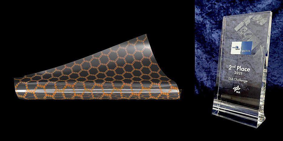 Model of the sensor film for measuring the material load of air and space vehicles in flight. On the right, the trophy with which this idea was awarded.