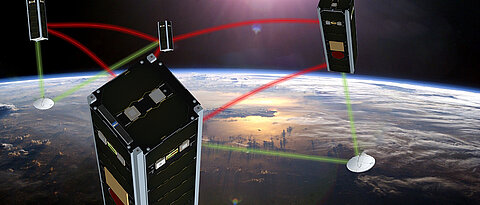 NetSat: Vier Kleinst-Satelliten mit den Abmessungen 10 x 10 x 30 Zentimeter im Formationsflug in einer Umlaufbahn in 600 Kilometer Höhe. 