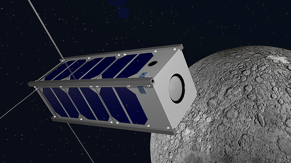 Visualisation of a nanosatellite during an extraterrestrial mission in the vicinity of the moon.