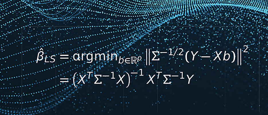 Diese mathematische Formel passt zum Studiengang Mathematical Data Science. Sie beschreibt, wie man mit der Methode der kleinsten Quadrate mathematisch valide Vorhersagen aus einem fehlerbehafteten Datensatz ableitet.