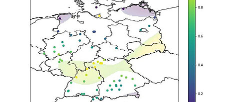 Die Luftdruckwelle (gelbe Fläche) der Explosion des Vulkans Hunga Tonga über Deutschland. Die Punkte repräsentieren die Standorte der we4bee-Bienenstöcke.