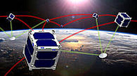 Mehrere Kleinsatelliten und Bodenstationen werden so gesteuert, dass sie in einem leistungsfähigen Netzwerk zusammenarbeiten: An diesem Ziel arbeiten Informatiker der Universität Würzburg. Bild: Institut für Informatik, Uni Würzburg